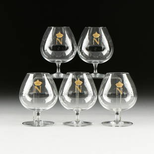 A SET OF FIVE BACCARAT "NAPOLEON" BRANDY CRYSTAL: A SET OF FIVE BACCARAT "NAPOLEON" BRANDY CRYSTAL SNIFTERS, LATE 20TH CENTURY, each of traditional form and one side centering a parcel gilt crowned "N," underside enclosing Baccarat acid etched mark.