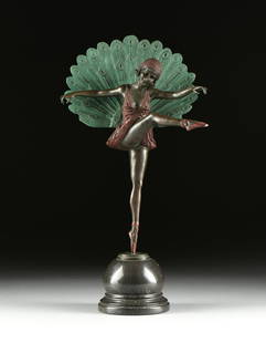 AFTER MICHEL PELLIER (French Early 20th Century) A: AFTER MICHEL PELLIER (French Early 20th Century) A BRONZE SCULPTURE, "Peacock Ballet Dancer," a modern red and verdi gris cold painted bronze sculpture of an Art Deco style smiling ballet dancer weari