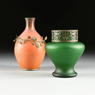 TWO ART GLASS VASES WITH SILVERED METAL MOUNTS,: TWO ART GLASS VASES WITH SILVERED METAL MOUNTS, comprising a Pierre d'Avesn (French 1901-1990) for Verriere d'art Lorraine matte orange and purple cased bottle form vase with partial silvered metal, N