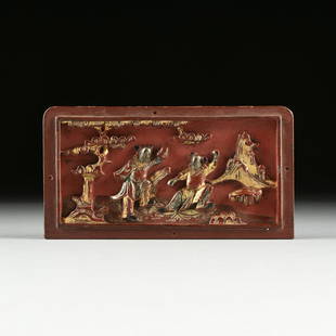 A CHINESE PARCEL GILT RED LACQUER RELIEF PANEL: A CHINESE PARCEL GILT RED LACQUER RELIEF PANEL FRAGMENT, ATTRIBUTED TO THE LATE QING DYNASTY (1644-1912), gilt, black and cinnabar lacquer on recessed wood, two figures in landscape. 4 3/8 x 8"