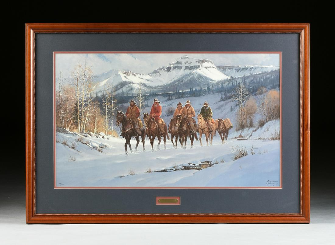 G. (GERALD HARVEY JONES) HARVEY (American/Texas: G. (GERALD HARVEY JONES) HARVEY (American/Texas 1933-2017) A PRINT, "Cimarron," 1995, print on paper, signed L/R and numbered "94/1950" L/L, framed. 19 1/2" x 33" Note: Together with publisher's certi