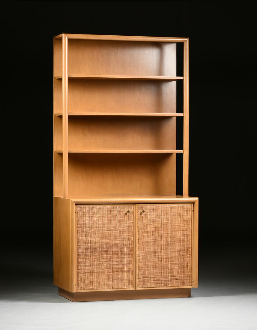 A MID CENTURY MODERN SYCAMORE MAPLE AND CANE BOOKCASE, (1 of 2)