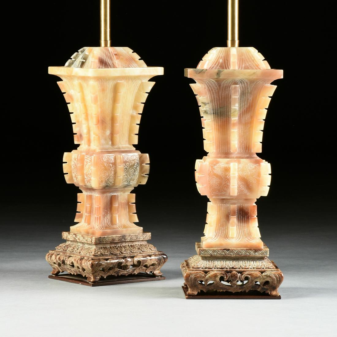 A PAIR OF LARGE CHINESE ARCHAISTIC STYLE SOAPSTONE (1 of 7)