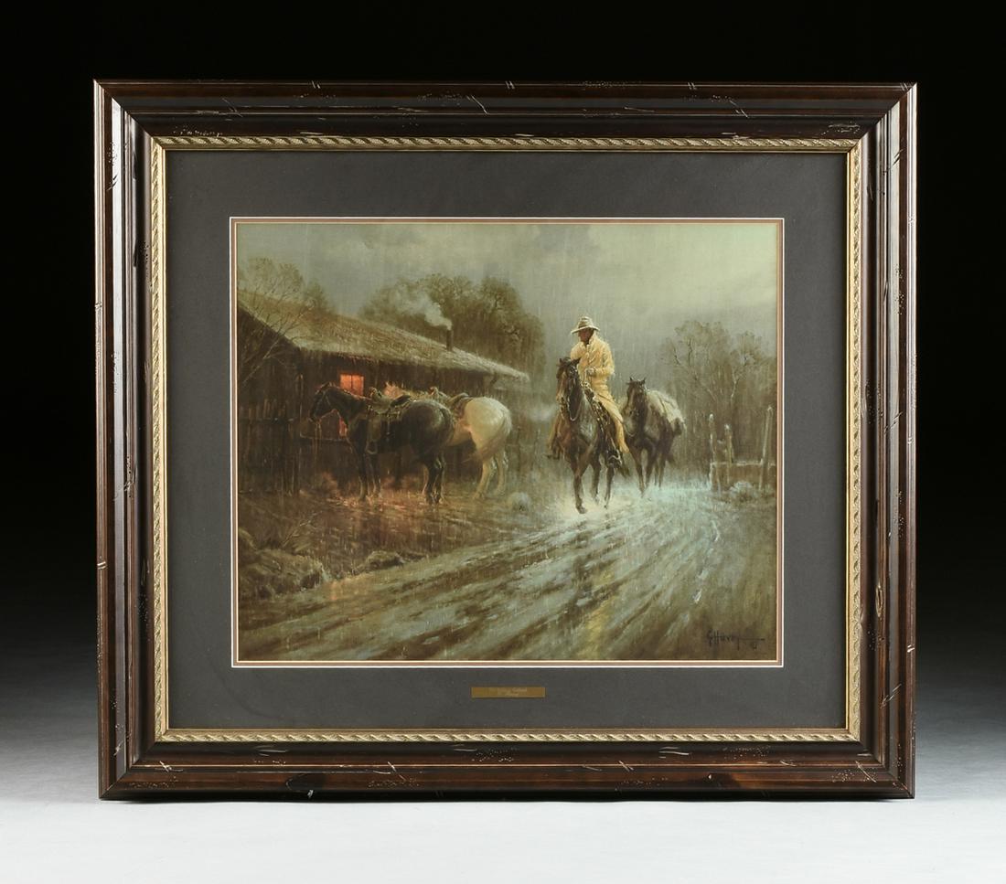 G. (GERALD HARVEY JONES) HARVEY (American/Texas: G. (GERALD HARVEY JONES) HARVEY (American/Texas 1933-2017) A PRINT, "The Drifting Cowhand," 1974, print on paper, signed in plate L/R, framed. 27" x 22" Note: Together with a gallery certificate. Po