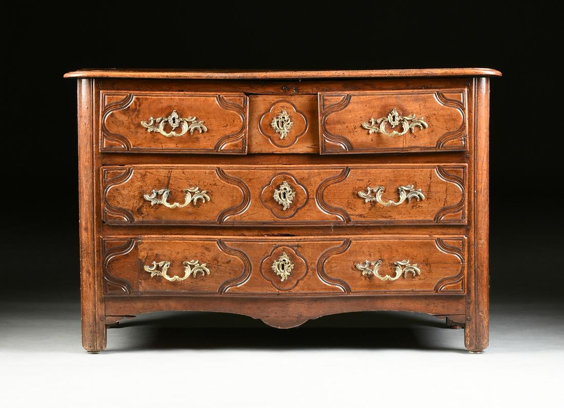 A FRENCH PROVINCIAL CARVED CHERRY FIVE DRAWER COMMODE, (1 of 13)
