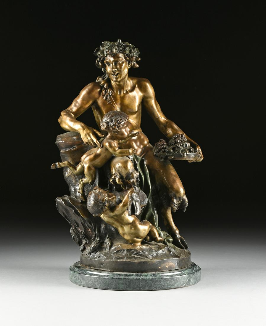 after MICHEL CLAUDE CLODION (French 1738-1814) A: after MICHEL CLAUDE CLODION (French 1738-1814) A SCULPTURE, "Satyr and Putti," on a stylized round groundwork base, incised in the bronze "Clodion," and inscribed Vittos Bronzier. Raised on a conformi