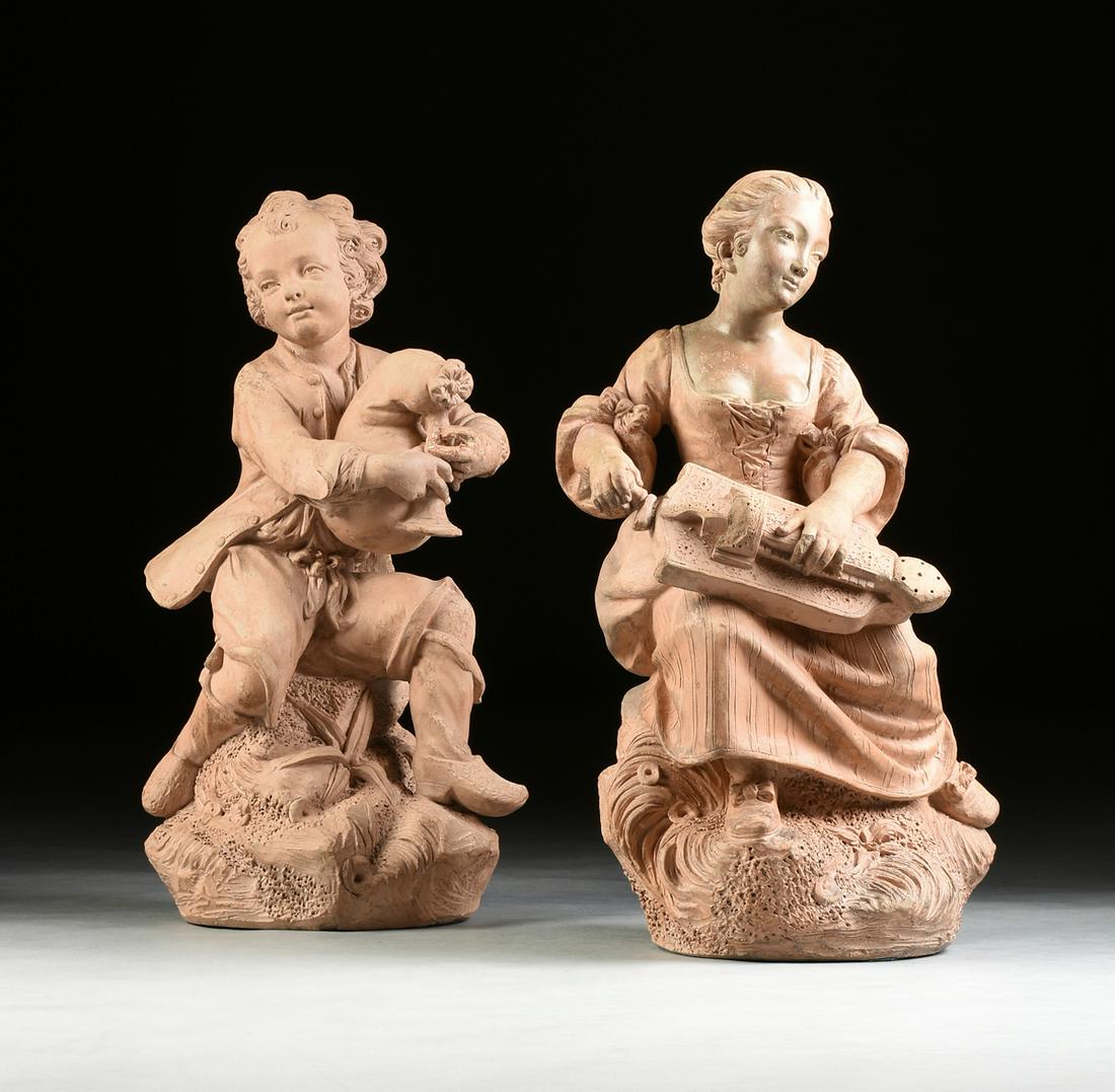 attributed to LOUIS GOSSIN (French 1846-1928) A PAIR OF: attributed to LOUIS GOSSIN (French 1846-1928) A PAIR OF SCULPTURES, “Les Deux Musicians" signed and dated in terracotta verso, the Rococo beauty plays the hurdy-gurdy, and the young man a bagged hor