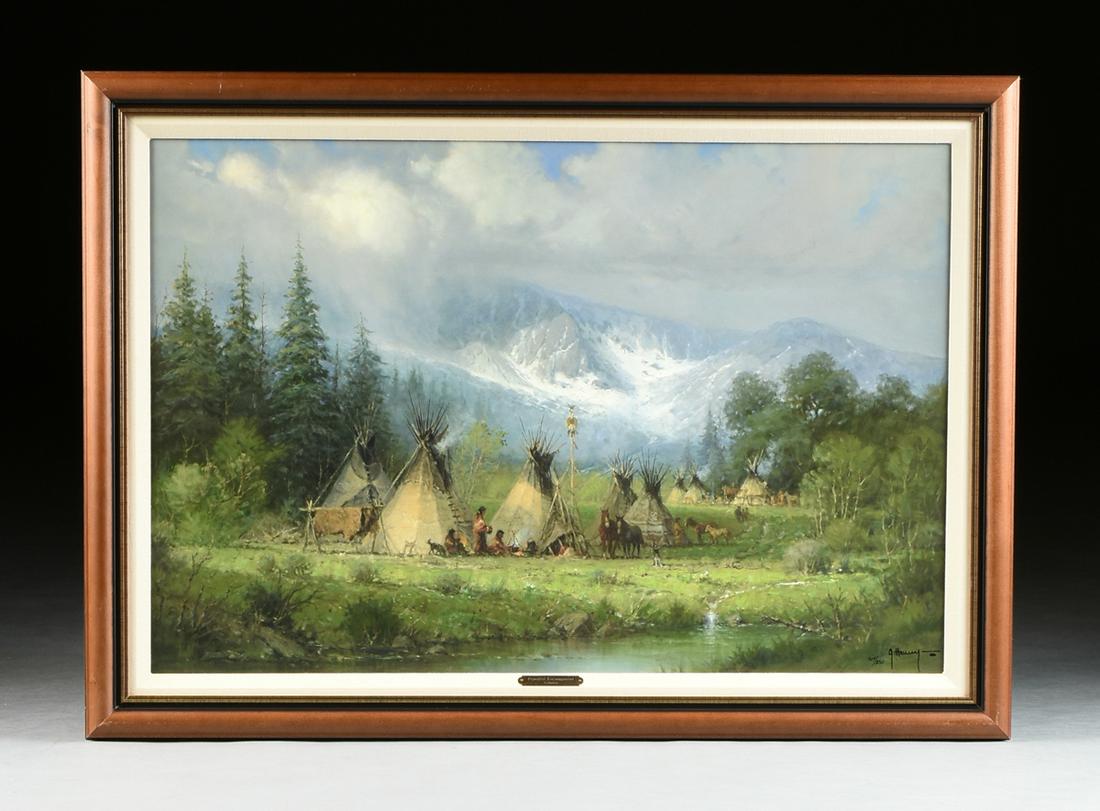 G. (GERALD HARVEY JONES) HARVEY (American/Texas: G. (GERALD HARVEY JONES) HARVEY (American/Texas 1933-2017) A PRINT, "Peaceful Encampment," 2005, gicleé on canvas, signed and numbered "164/250" L/R, framed. 24" x 36" Note: Together with publisher
