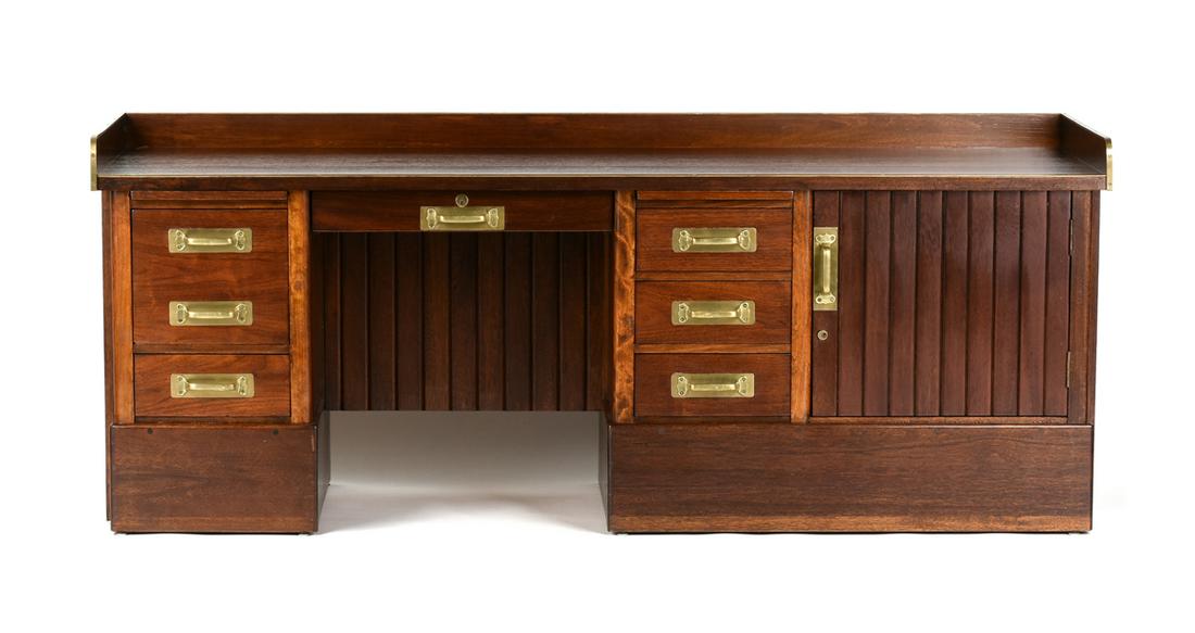 AN ARTS AND CRAFTS STYLE BRASS MOUNTED MIXED WOOD DESK, (1 of 9)