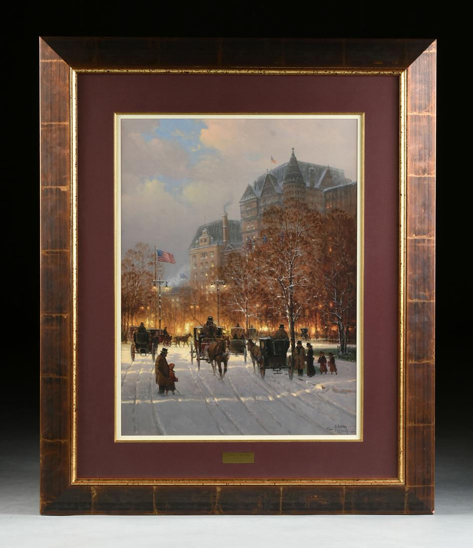 G. (GERALD HARVEY JONES) HARVEY (American/Texas: G. (GERALD HARVEY JONES) HARVEY (American/Texas 1933-2017) A PRINT, "A Stroll in the Plaza," 1998, print on paper, signed and numbered "89/1950" L/R, framed. 30" x 22 1/2" Provenance: Property of a Co