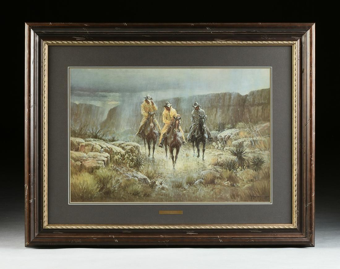 G. (GERALD HARVEY JONES) HARVEY (American/Texas: G. (GERALD HARVEY JONES) HARVEY (American/Texas 1933-2017) A PRINT, "Crossing The Canyon," print on paper, signed in plate L/R, framed. 20" x 30" Note: Together with gallery certificate. Provenance: P