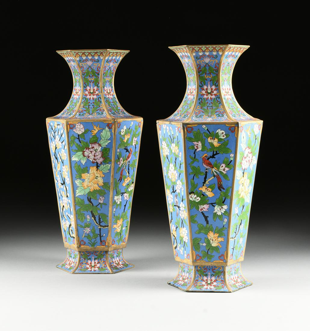 A PAIR OF LARGE VINTAGE CHINESE EXPORT CLOISONNÉ VASES, (1 of 8)