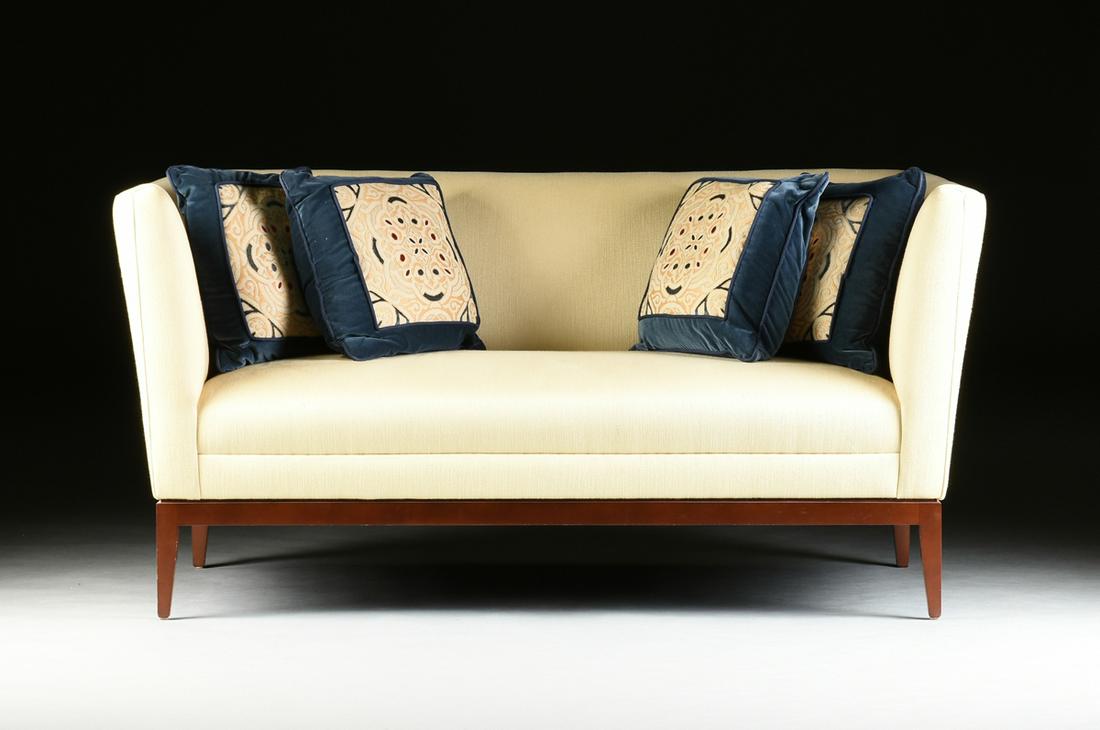 A MODERN CREAM LINEN UPHOLSTERED LOVE SEAT, BY INTERIOR (1 of 4)