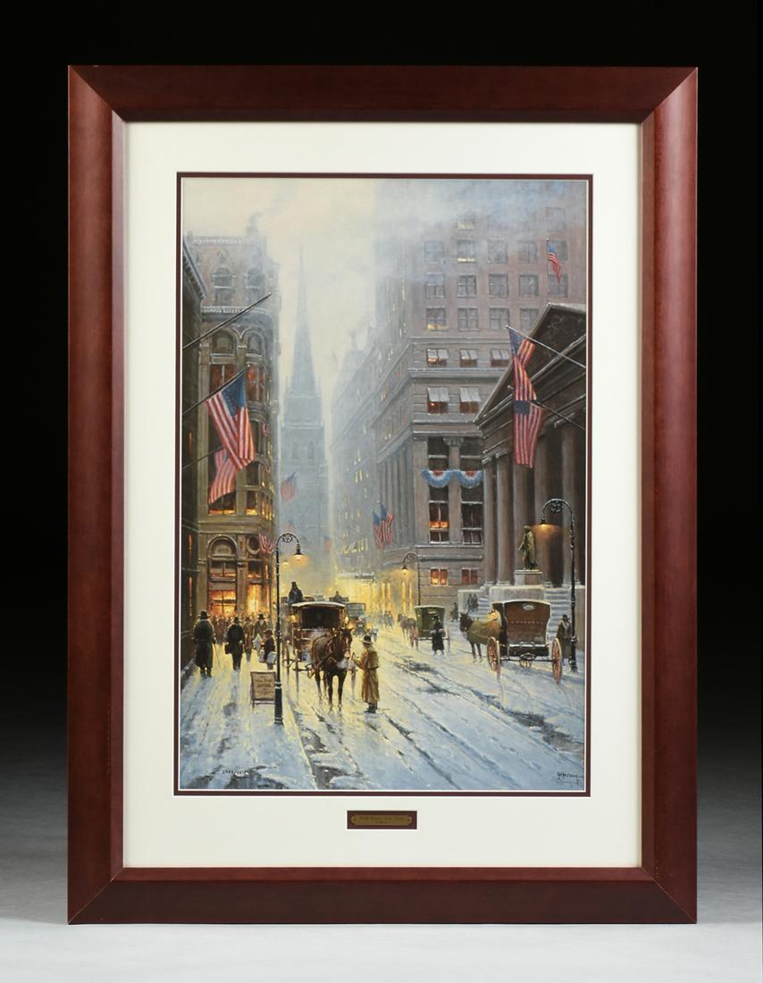 G. (GERALD HARVEY JONES) HARVEY (American/Texas: G. (GERALD HARVEY JONES) HARVEY (American/Texas 1933-2017) A PRINT, "Wall Street, New York," 1989, print on paper, signed L/R and numbered "2983/4378" L/L, framed. 30" x 20" Note: Together with publis