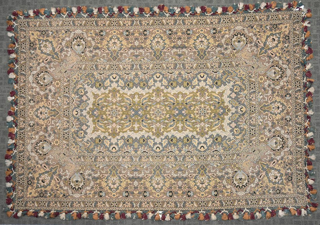 A CONTINENTAL JACQUARD LOOMED COTTON "PIANO COVER" WITH: A CONTINENTAL JACQUARD LOOMED COTTON "PIANO COVER" WITH APPLIED TASSELED FRINGE BORDER, CIRCA 1880-1910, the rectangular furnishing panel with stylized floral decoration on a scrolling lattice frame