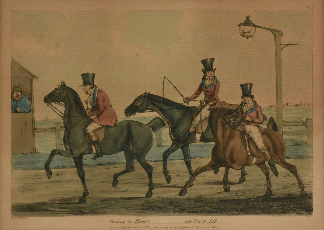 HENRY THOMAS ALKEN (English 1785-1851) A COLORED: HENRY THOMAS ALKEN (English 1785-1851) A COLORED LITHOGRAPH, "Going to Hunt...an Easy Job," on paper. Printed by Thomas McLean, Repository of Whit and Humour, published 1823. 13 1/4" x 16 1/4"