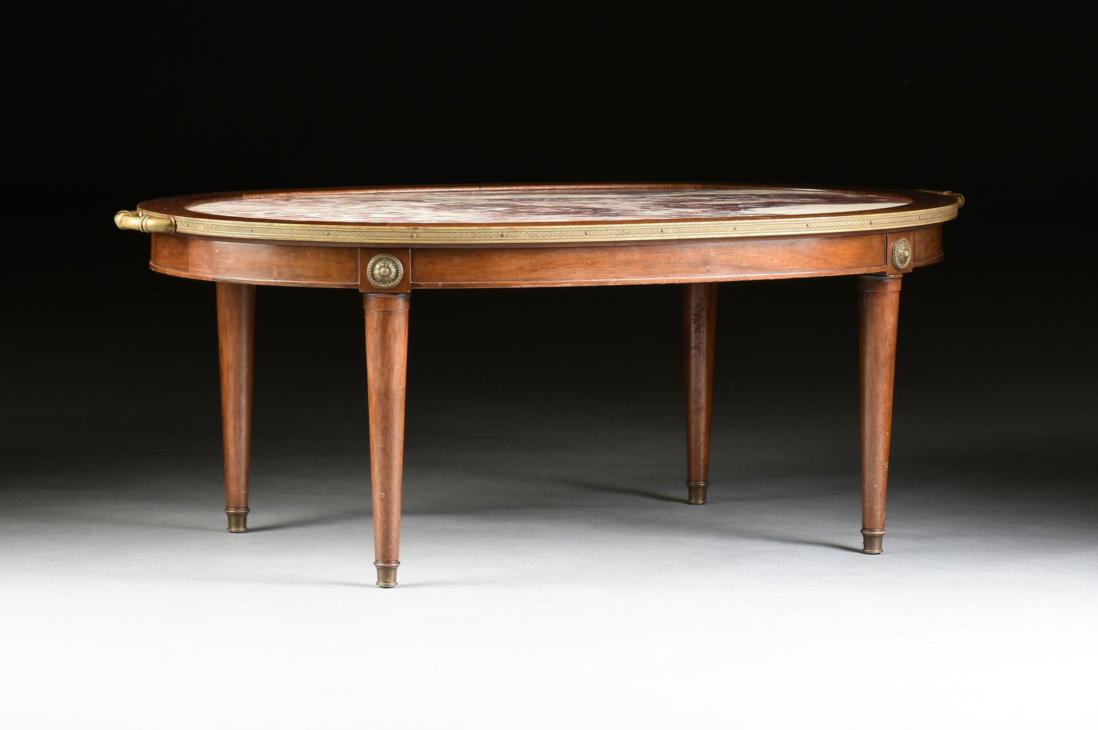 A LOUIS XVI STYLE GILT BRONZE MOUNTED MARBLE TOP WALNUT (1 of 2)