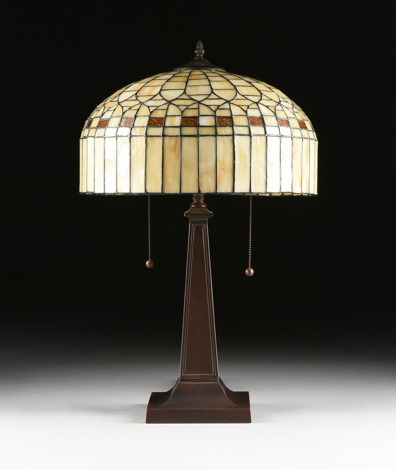 A TIFFANY STYLE STAINED GLASS AND PATINATED BRONZE (1 of 4)