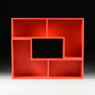 A CONTEMPORARY CB2 ELSTON FIRE ENGINE RED MODULAR: A CONTEMPORARY CB2 ELSTON FIRE ENGINE RED MODULAR SHELF, 2013, two shelves joined to create central open shelf storage. Provenance: Estate of Peter Brown. Height: 25.63" Width: 33.63" Depth: 7.88"