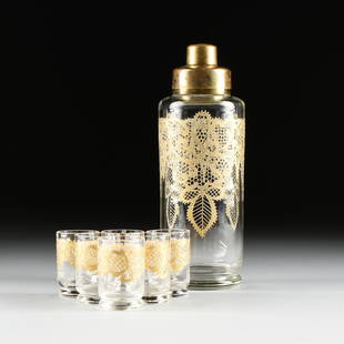 A CONTINENTAL ART DECO BRASS AND CRYSTAL COCKTAIL: A CONTINENTAL ART DECO BRASS AND CRYSTAL COCKTAIL SHAKER SET, PROBABLY GERMANY, CIRCA 1930-1940, the cylindrical clear crystal shaker with brass collar with flanged top fitted with strainer and