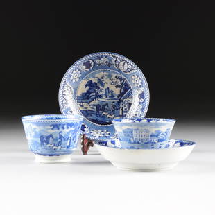 TWO STAFFORDSHIRE BLUE AND WHITE TRANSFER PRINT POTTERY: TWO STAFFORDSHIRE BLUE AND WHITE TRANSFER PRINT POTTERY TEA BOWLS AND SAUCERS, ENGLAND, CIRCA 1840, comprising a tea bowl and saucer with medium blue transfer print decoration of women and a child in