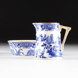 A WORCESTER ROYAL PORCELAIN CO. BLUE AND WHITE TRANSFER: A WORCESTER ROYAL PORCELAIN CO. BLUE AND WHITE TRANSFER PRINT CREAMER AND UNDER BOWL, "BLUE WILLOW" PATTERN, ENGLAND, 1879, comprising a ribbed and fluted molded tapering cylindrical creamer with