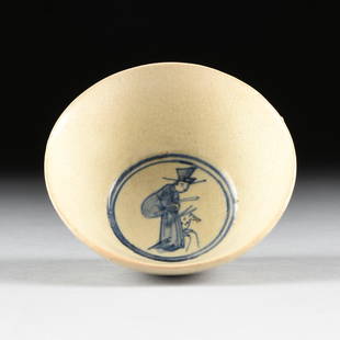 A SOUTHEAST ASIAN WHITE GROUND PORCELAIN BOWL WITH: A SOUTHEAST ASIAN WHITE GROUND PORCELAIN BOWL WITH UNDERGLAZE BLUE DECORATION, 19TH CENTURY, of slope sided shape raised on ring foot, creamy white glaze with underglaze blue figure of the Tibetan