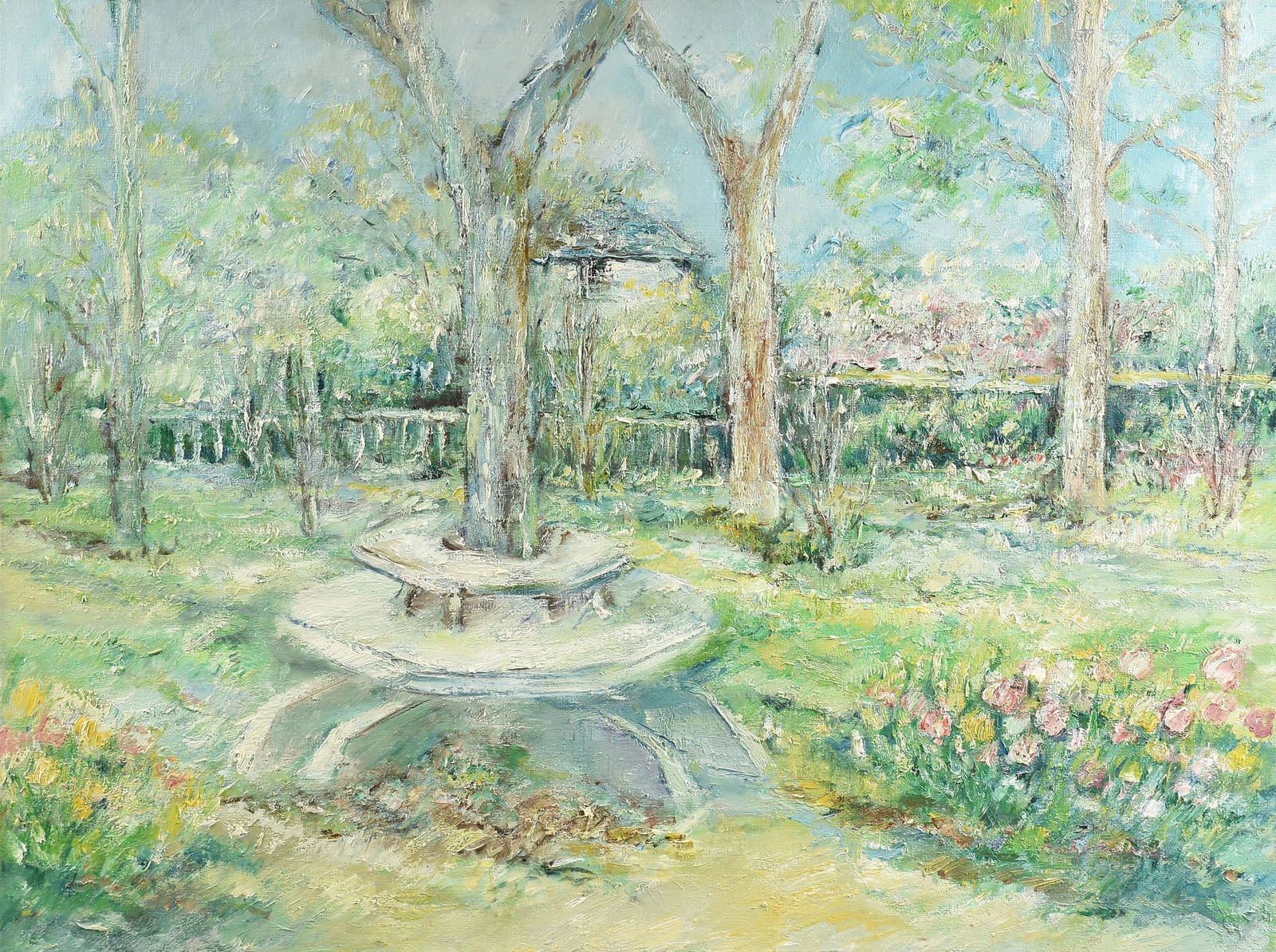 AN IMPRESSIONIST STYLE PAINTING, "Roundabout Bench in a (1 of 10)