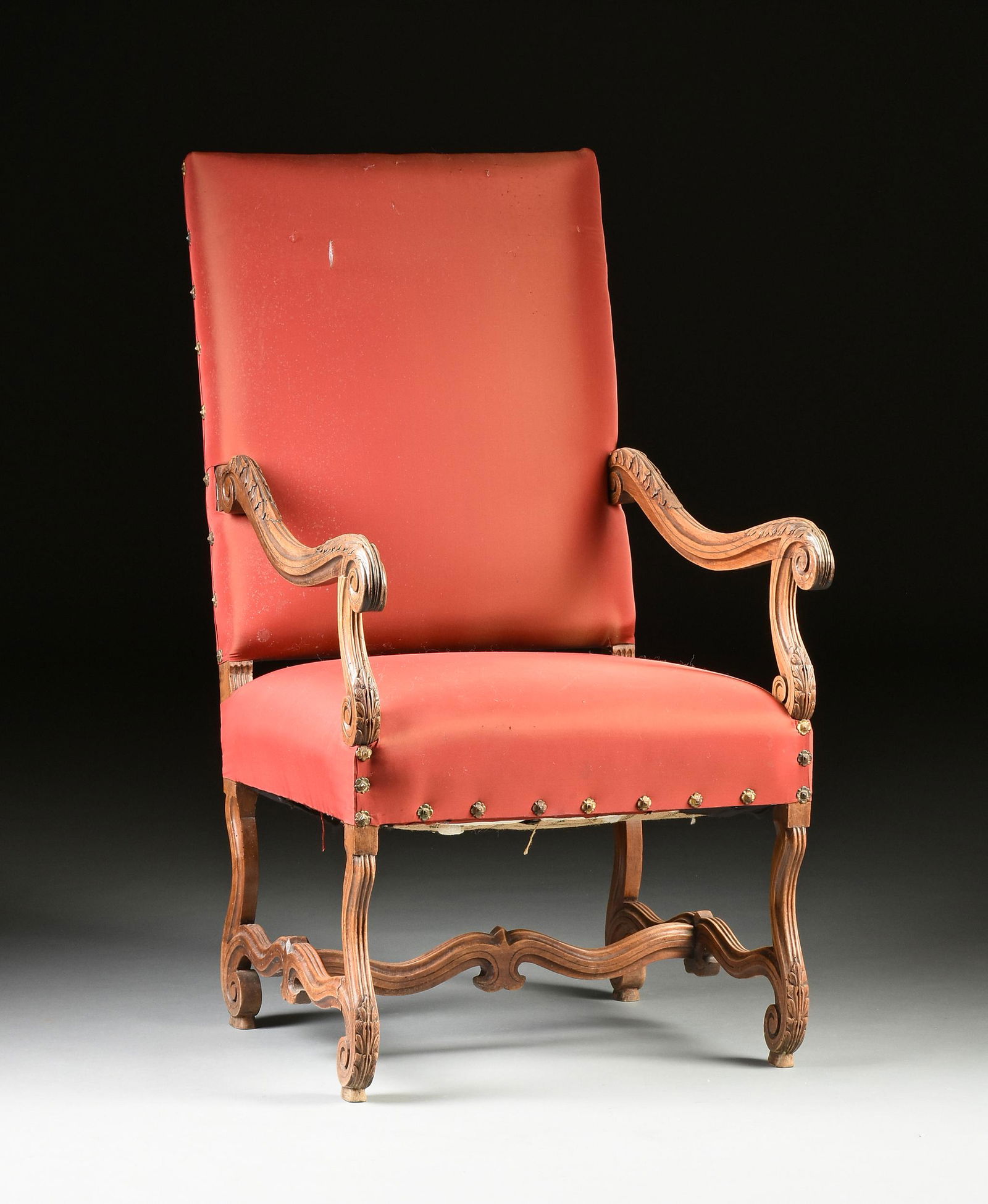 A LOUIS XIV STYLE RED SATIN UPHOLSTERED AND CARVED (1 of 10)