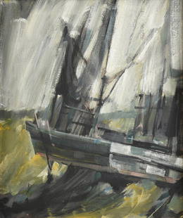 AN AMERICAN SCHOOL EXPRESSIONIST PAINTING, "Shrimp: AN AMERICAN SCHOOL EXPRESSIONIST PAINTING, "Shrimp Boat" acrylic on canvas. 20" x 17"