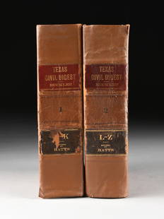 BUCKLER, C.N. AND BATTS, R.L. TWO VOLUMES, "Texas Civil: BUCKLER, C.N. AND BATTS, R.L. TWO VOLUMES, "Texas Civil Digest," AUSTIN, GAMMEL BOOK CO., SECOND EDITION, 1900, with full sheepskin binding, blind stamped frame on the front and back covers, red and