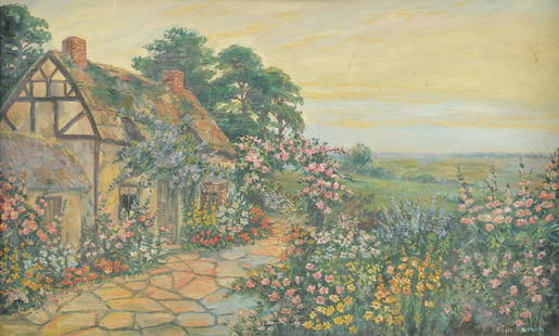 FRENCH SCHOOL (20th Century) A PAINTING, "The Garden: FRENCH SCHOOL (20th Century) A PAINTING, "The Garden View," oil on canvas, signed L/R illegible. 16" x 26"