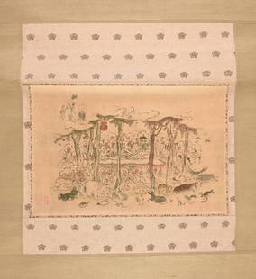 A JAPANESE WATERCOLOR SCROLL,: A JAPANESE WATERCOLOR SCROLL, "Nehanzu/Parinirvana/Death of Buddha," POSSIBLY EDO/TOKUGAWA PERIOD (1603-1868), gouache and ink on paper, oval seal L/L. Height: 8" Width: 12"