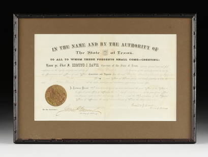 AN AUTOGRAPH DOCUMENT SIGNED BY EDMUND J. DAVIS,: AN AUTOGRAPH DOCUMENT SIGNED BY EDMUND J. DAVIS, GOVERNOR OF TEXAS, SEPTEMBER 18, 1872, the printed document appointing Alex Wright as a Member of the Board of Appeal for Hunt County, Texas, countersi