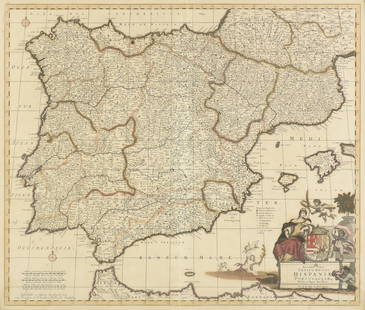 AN ANTIQUE MAP OF SPAIN AND PORTUGAL, "Accuratis sim a: AN ANTIQUE MAP OF SPAIN AND PORTUGAL, "Accuratis sim a totius Regni Hispaniæ, Portugalliæ..." AMSTERDAM, 1668-1680, hand colored engraving on paper, a page fragment from an atlas printed by