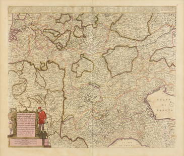 AN ANTIQUE MAP, "Paesi Bassi," AMSTERDAM, CIRCA 1671,: AN ANTIQUE MAP, "Paesi Bassi," AMSTERDAM, CIRCA 1671, hand colored copper plate engraving on paper, a page fragment, the map compiled with known trade routes by land and waterways traversing Europe