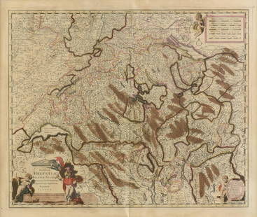 AN ANTIQUE SWITZERLAND MAP, "Exactissima Helvetiæ,: AN ANTIQUE SWITZERLAND MAP, "Exactissima Helvetiæ, Rhætiæ, Valesiæ Cæterorumq Conf?deratorum ut et Finitimoum Populorum Regionum Tabula," after NICHOLÆS VISSCHER, AMSTERDAM, CIRCA 1730,