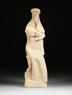 A CUBIST STYLE SANDSTONE SCULPTURE, SIGNED, 20TH: A CUBIST STYLE SANDSTONE SCULPTURE, SIGNED, 20TH CENTURY, hand chiseled sandstone, signed in monogram on base "RT" encircled. 57" x 15"