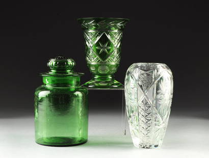 A GREEN BOHEMIAN CUT TO CLEAR GLASS VASE TOGETHER WITH: A GREEN BOHEMIAN CUT TO CLEAR GLASS VASE TOGETHER WITH A LARGE GREEN GLASS JAR AND CLEAR ETCHED GLASS VASE, 19TH/20TH CENTURY, the Bohemian vase in short trumpet form with band of foliate decoration