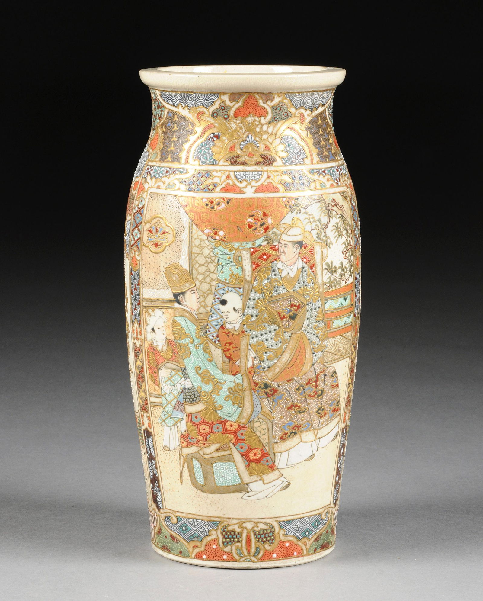 A VINTAGE PARCEL GILT ENAMELED PORCELAIN SATSUMA VASE, (1 of 5)