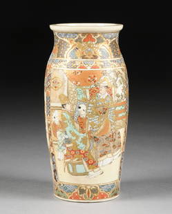 A VINTAGE PARCEL GILT ENAMELED PORCELAIN SATSUMA VASE,: A VINTAGE PARCEL GILT ENAMELED PORCELAIN SATSUMA VASE, JAPANESE, the rectangular reserve of a family in an interior setting, reversing to three men in ceremonial attire within colorfully enameled and