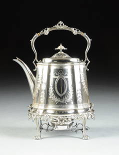 A VICTORIAN SILVER PLATED TEAPOT ON STAND WITH BURNER,: A VICTORIAN SILVER PLATED TEAPOT ON STAND WITH BURNER, MARTIN, HALL & CO., SHEFFIELD, ENGLAND, CIRCA 1854, of shaped tapered oval form with etched pendant floral and foliate swag decoration,