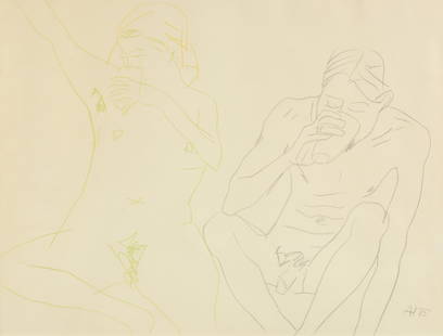 AMERICAN SCHOOL (20th Century) A DRAWING, "Two Nude: AMERICAN SCHOOL (20th Century) A DRAWING, "Two Nude Figures Drinking," graphite and colored pencil on paper, signed in monogram "A.H" L/R. 17 1/2" x 23"