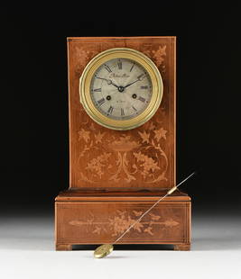 A FRENCH SATINWOOD MARQUETRY INLAID ROSEWOOD MANTLE: A FRENCH SATINWOOD MARQUETRY INLAID ROSEWOOD MANTLE CLOCK, BY BITTON AINE, SEMS, LATE 19TH CENTURY, the mille rais gilt bronze and glass cover hinged bezel, opening to a silvered engine turned dial