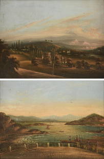 ITALIAN SCHOOL (19TH CENTURY) A PAIR OF PAINTINGS,: ITALIAN SCHOOL (19TH CENTURY) A PAIR OF PAINTINGS, "Hillside Views," rivers meandering amidst hillside landscapes with details of peasants in boats and a tree studded village, verso oval stencil