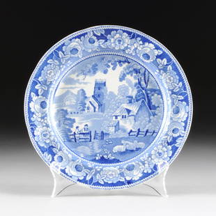 A SET OF SEVEN STAFFORDSHIRE BLUE AND WHITE TRANSFER: A SET OF SEVEN STAFFORDSHIRE BLUE AND WHITE TRANSFER PRINT POTTERY PLATES, ENGLAND, CIRCA 1830-1840, each with medium blue transfer print decoration in "The Village Church" pattern with "Wild Rose"