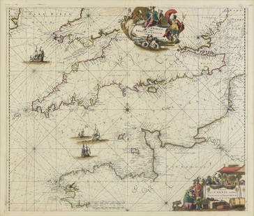 AN ANTIQUE ENGLISH CHANNEL MAP, "Canalis inter Angliæ: AN ANTIQUE ENGLISH CHANNEL MAP, "Canalis inter Angliæ et Galliæ Littora. Pascært Van't Canaal tusschen Engelland en Vranckryck, Gedruckt F. de Wit," 17TH/18TH CENTURY, hand colored engraving on