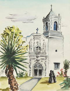 CECILIA NEUHEISEL STEINFELDT (American/Texas 1915-2013): CECILIA NEUHEISEL STEINFELDT (American/Texas 1915-2013) A PAIR OF PAINTINGS, "Mission San José," and "The Governor's Palace," watercolor on paper, signed in monogram L/R, and titled on mounted board