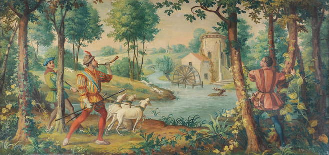 EUROPEAN SCHOOL (19th Century) A PAINTING, "Hunting: EUROPEAN SCHOOL (19th Century) A PAINTING, "Hunting Scene," oil on board. 29" x 59 1/2"