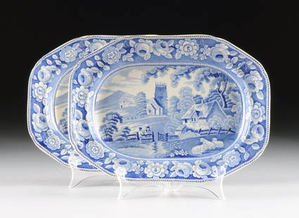 A PAIR OF STAFFORDSHIRE BLUE AND WHITE TRANSFER PRINT: A PAIR OF STAFFORDSHIRE BLUE AND WHITE TRANSFER PRINT POTTERY SERVING PLATTERS, ENGLAND, CIRCA 1830-1840, of rectangular form with canted corners, with medium blue transfer print decoration in "The